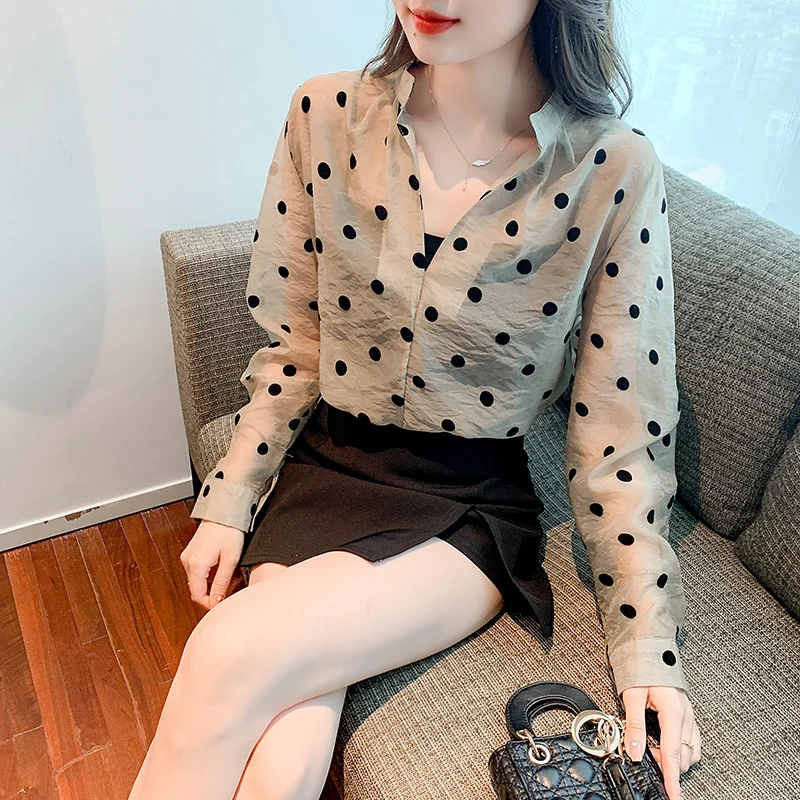 

Polka Dot Summer Women's Blouse Slim Fit Chiffon Shirt V-Neck Long Sleeve Casual 2022 Top Fashion New Korean Style Clothing