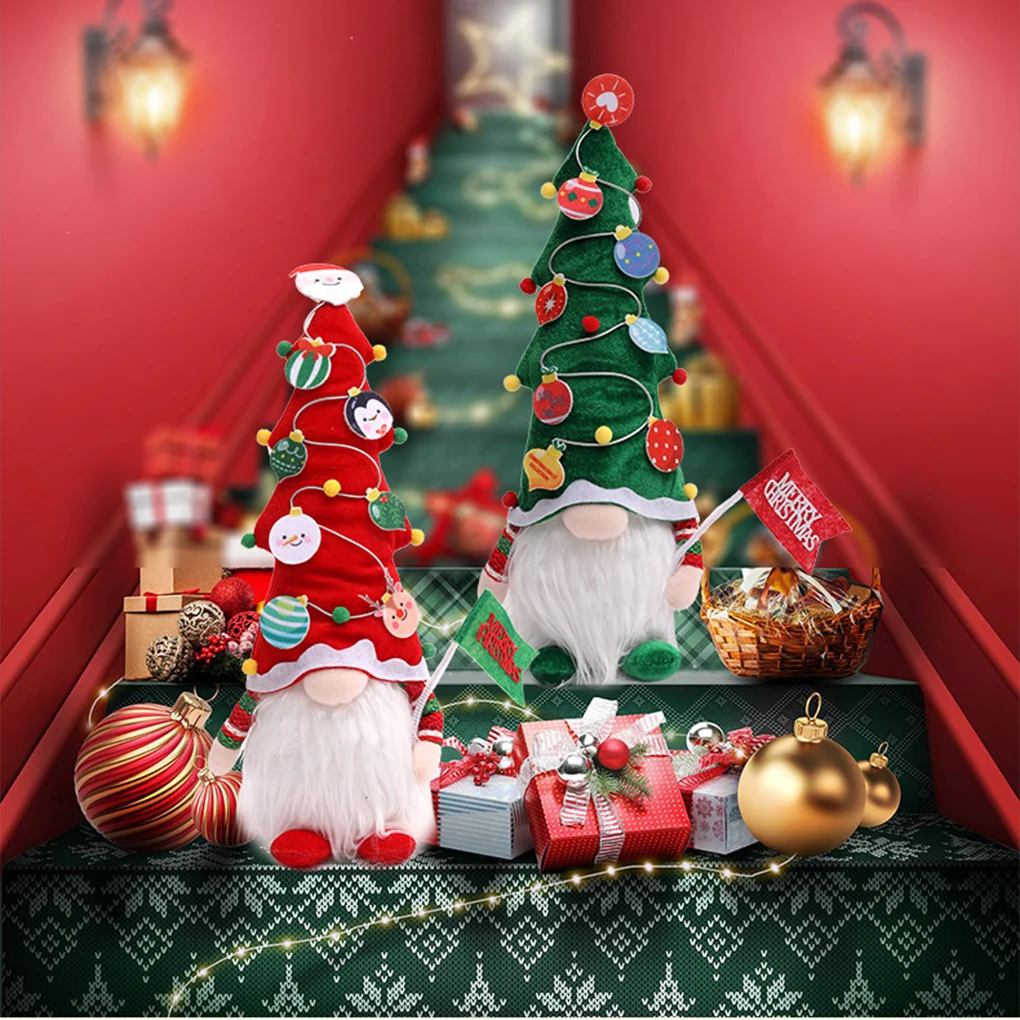 

Christmas Doll Faceless Party Long Hair Decoration Bookshelf Battery Operated Decorative Ornament Red Cap Green Flag