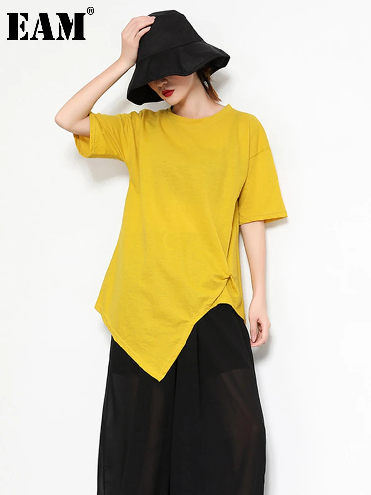 

[EAM] Women Irregular Knot Yellow Temperament T-shirt New Round Neck Short Sleeve Fashion Tide Spring Summer 2022 1DD2304