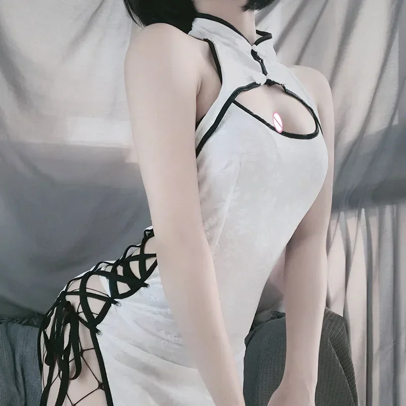 Сексуальный костюм для косплея Zwart Wit Cheongsam Erotische Dames Babydoll Jurk бандажный наряд