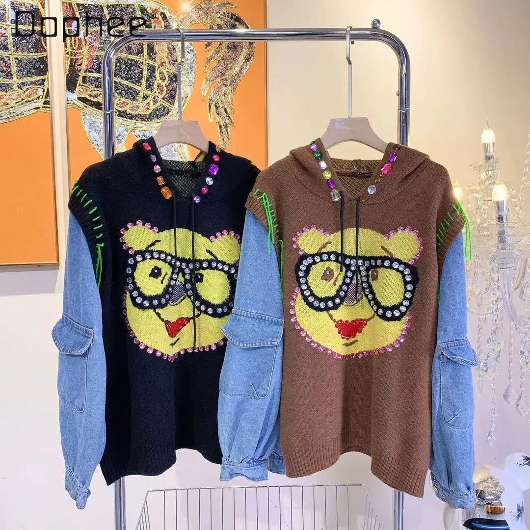 Fashion Brand Cartoon Denim Long-Sleeved Patchwork Knitting Top Women's Autumn Winter Heavy Industry Beads Hooded Sweater Coat