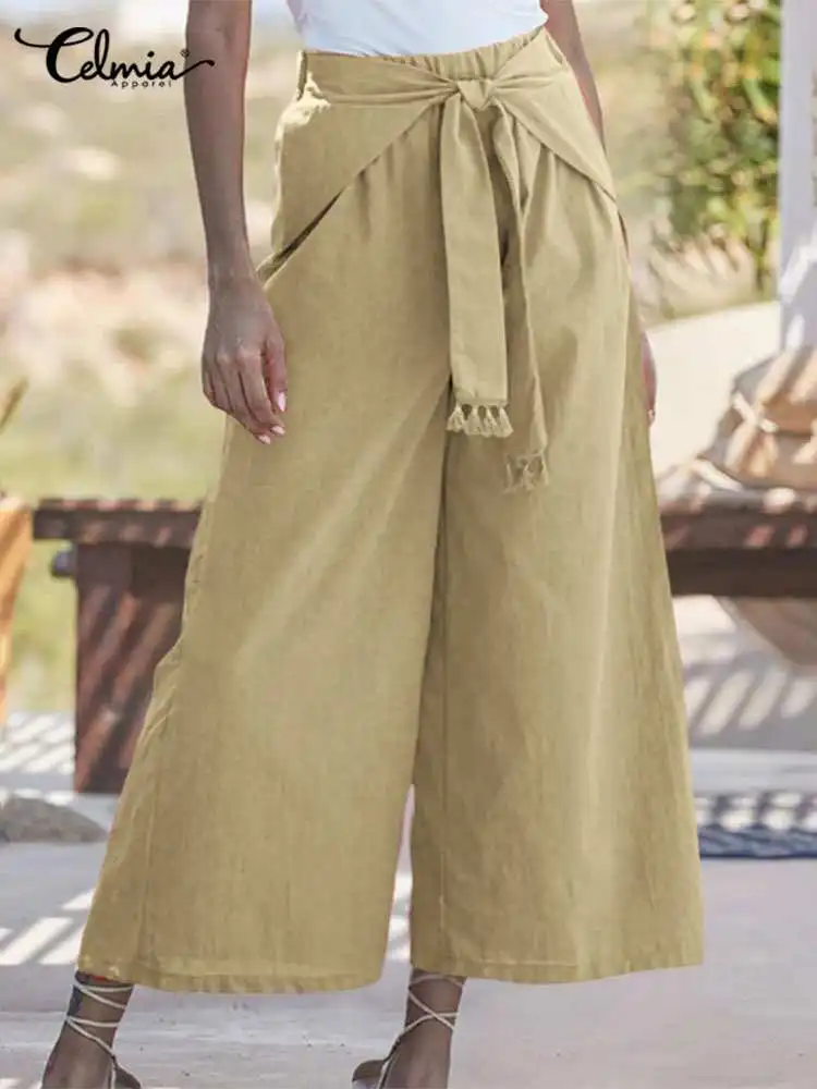 

Celmia Casual Loose Cotton Linen Pants Women Fashion Bandage Tassels Wide Leg Long Trousers Autumn Leisure Work Wear Pantalon