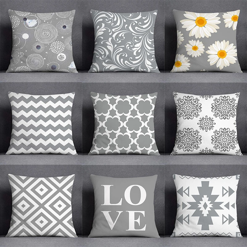 

Square Pillowcase Home Office Decor Cushion Cover Grey Low White Flower Pattern Home Decor Pillowcase