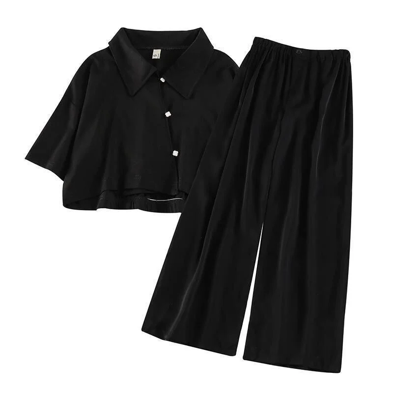 

Vintage Women's Suit Harajuku Summer Streetwear High Waist Wide Leg Pants Set Black Elegant Female T-shirt Two-piece Suit Alt
