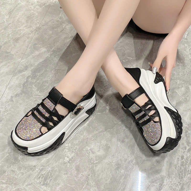 Women Rhinestone Casual Shoes Summer Platform Hidden Increasing Sneakers PU Leather Shoes New Woman Breathable White Black Shoes