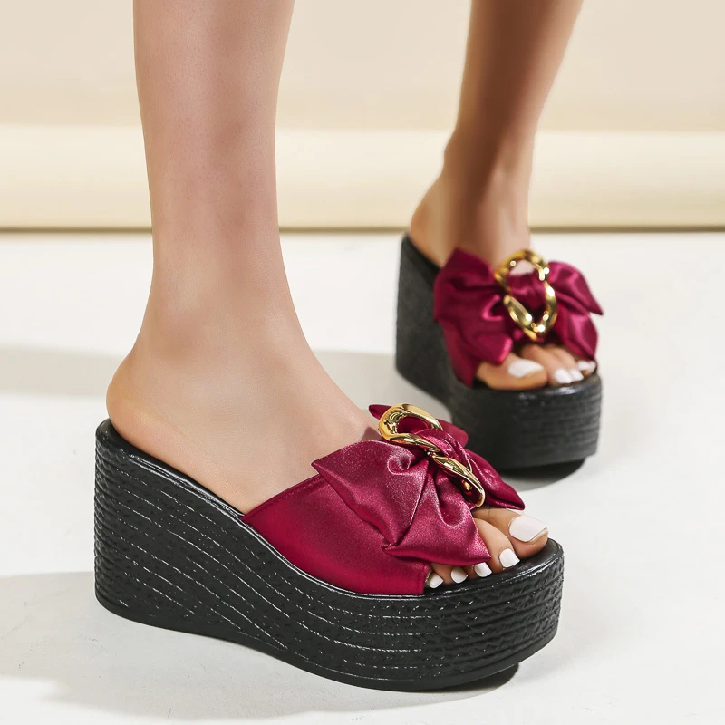 Bowknot Heeled Flip Flops Women Sandals Designer Summer 8CM High Heels Wedge Platform Slippers Women Beach Slippers
