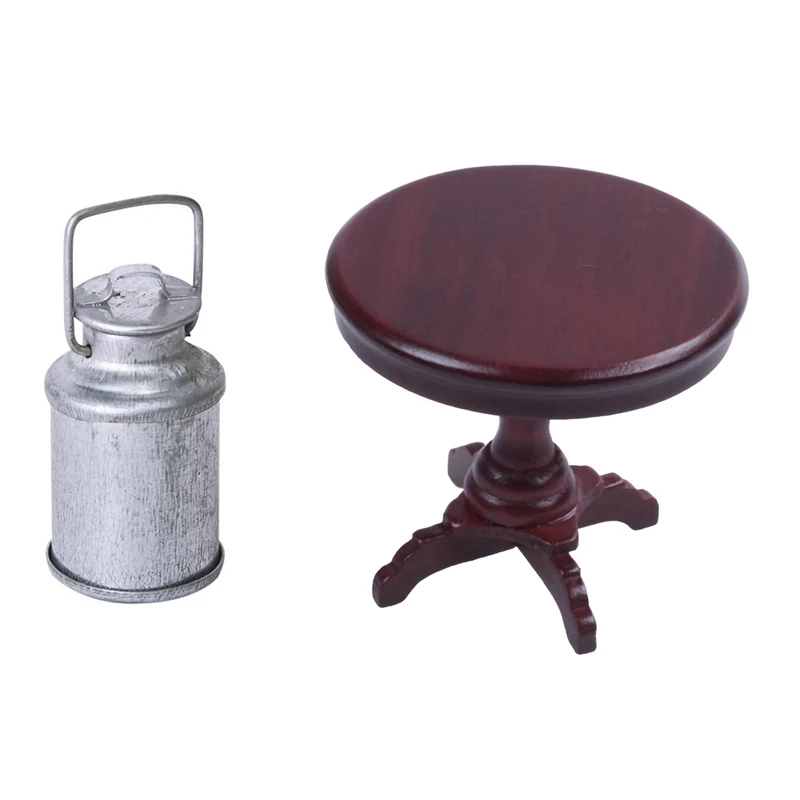 

-1Pcs 1/12 Dollhouse Miniature Milk Jug With Lid Bottle & 1Pcs Wooden Furniture Miniature Round Table