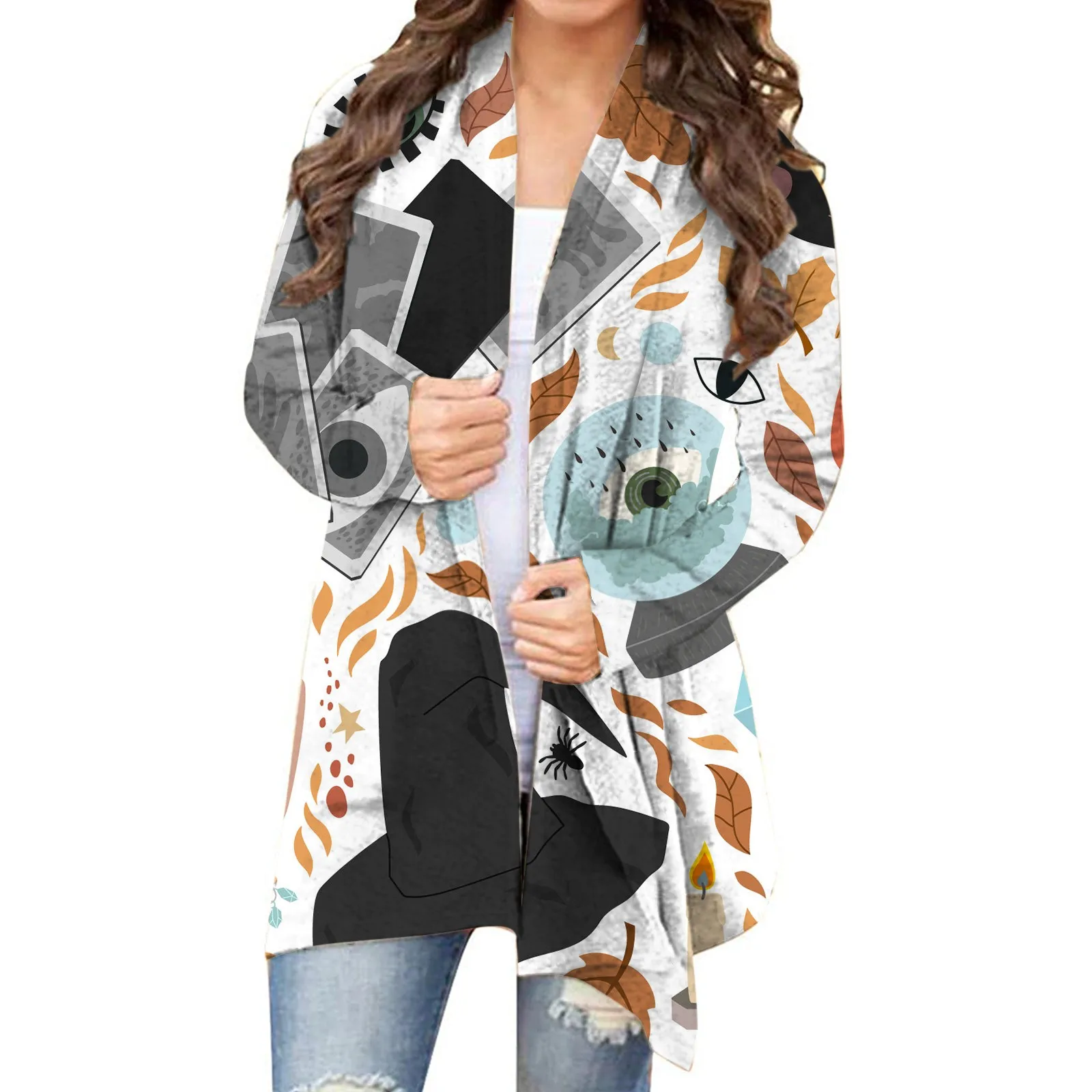 

Ladies Casual Halloween Print Long Sleeve Top Cardigan Jacket Sweater Animal Print Kimonos for Women Leopard Sweaters for Women