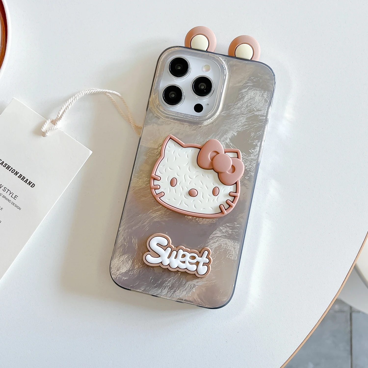 Мягкий чехол из ТПУ для iPhone 16 15 14 13 Max Plus с милыми 3D ушками Hello Kitty текстура ледника