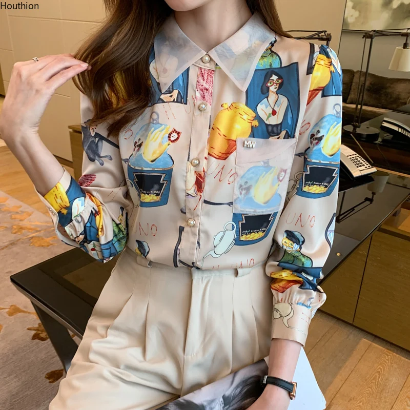 

Summer Autumn Women's Blouse New Top Long Sleeve Polo Shirt Printing Fashion Casual Loose Chiffon Houthion
