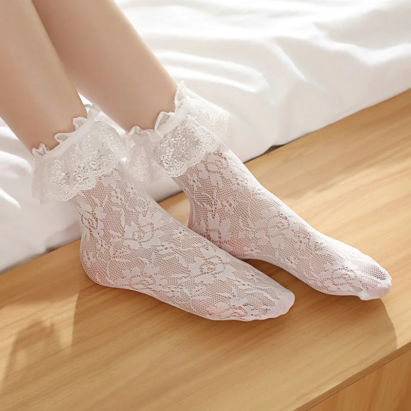 

Lolita Socks Japanese Lace Mesh Fishnet Stockings Women's Korean-Style Mid-Calf Cute Harajuku Frilly Ruffle Sexy Socks