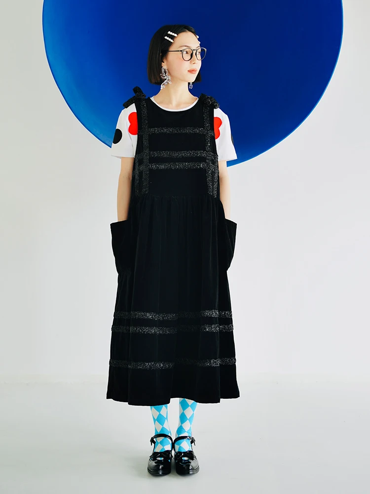 

imakokoni2022 original all-match bright silk bow is thin sleeveless vest dress female spring Patchwork pocket MIDI skirt