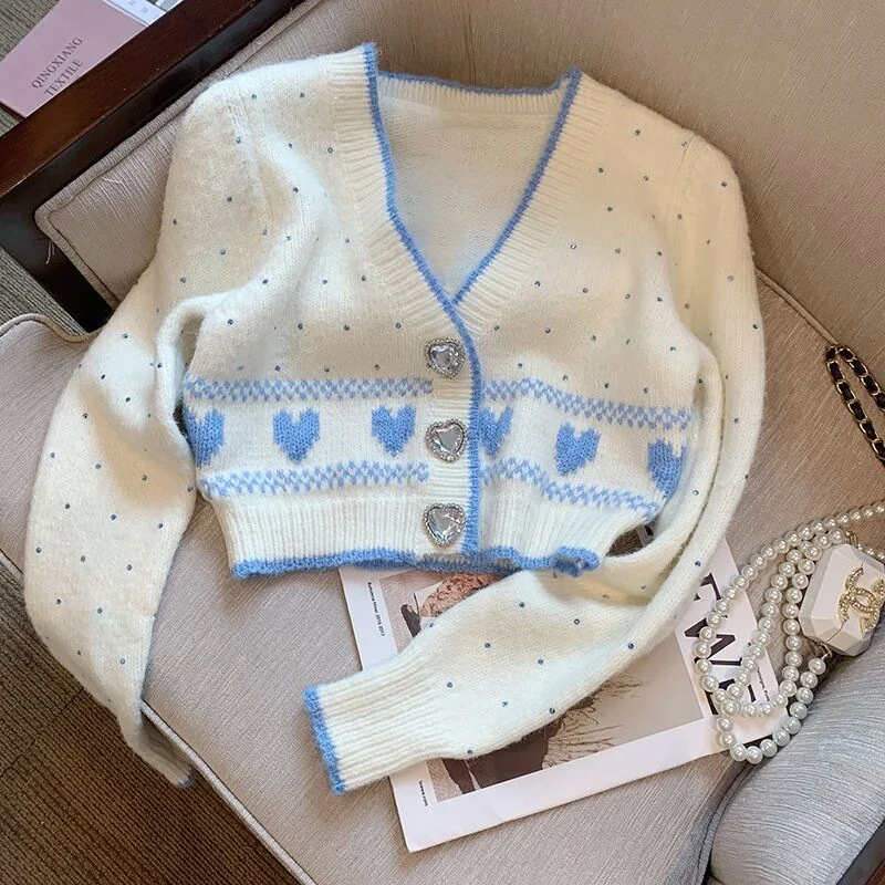 

Женская одежда 2022, мягкий вязаный кардиган с рисунком сердца, топ, мягкий короткий свитер с V-образным вырезом и длинным рукавом, Женский вяз...