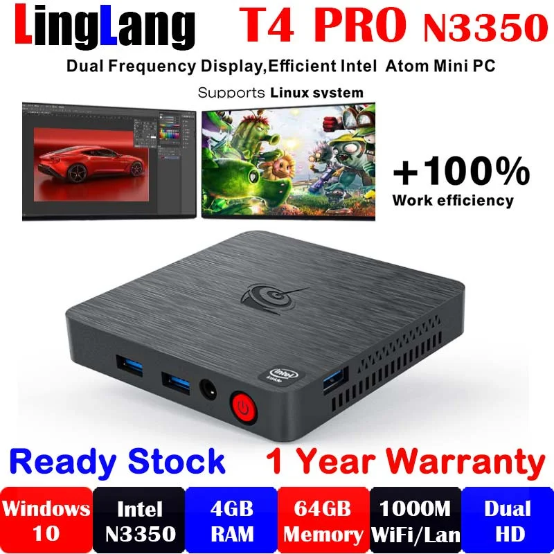 - T4 Pro, Intel  N3350, , Windows 10 Pro HTPC  Lan AC, 4  , 64  , Wi-Fi, BT4.0, 4K,  