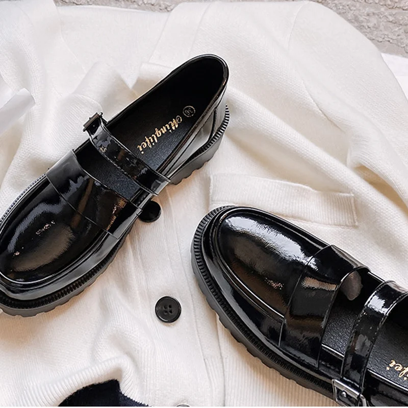 Women Mary Jeans Japanned Leather Loafers Femme Luxury Mocasines Thicken Soled Oxfords Ladies Shoes