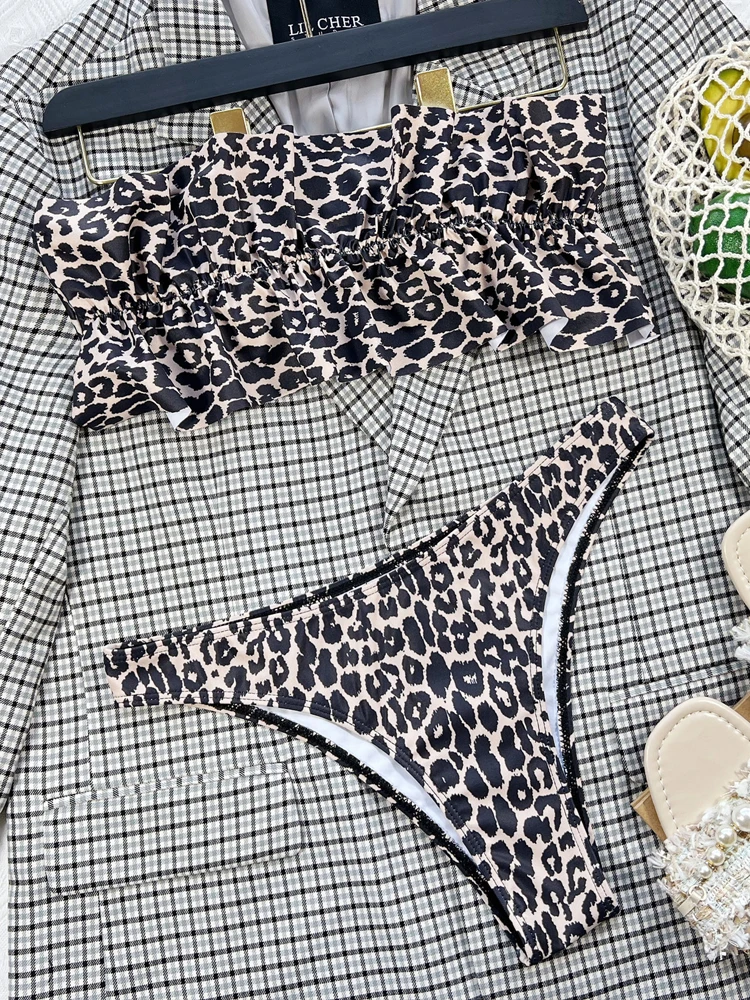 Женский леопардовый купальник Vigorashely Бикини бандо с высоким вырезом пуш-ап и