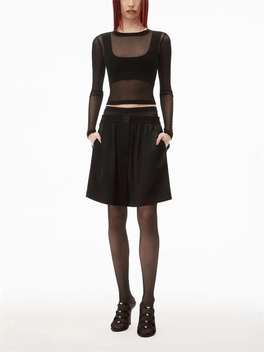 

2023 Women's Summer Dresses Mesh Hot Rhinestone Bottom Tops Women's Free Shipping Offer Fashion Sexy Ladies Shirt Black traf