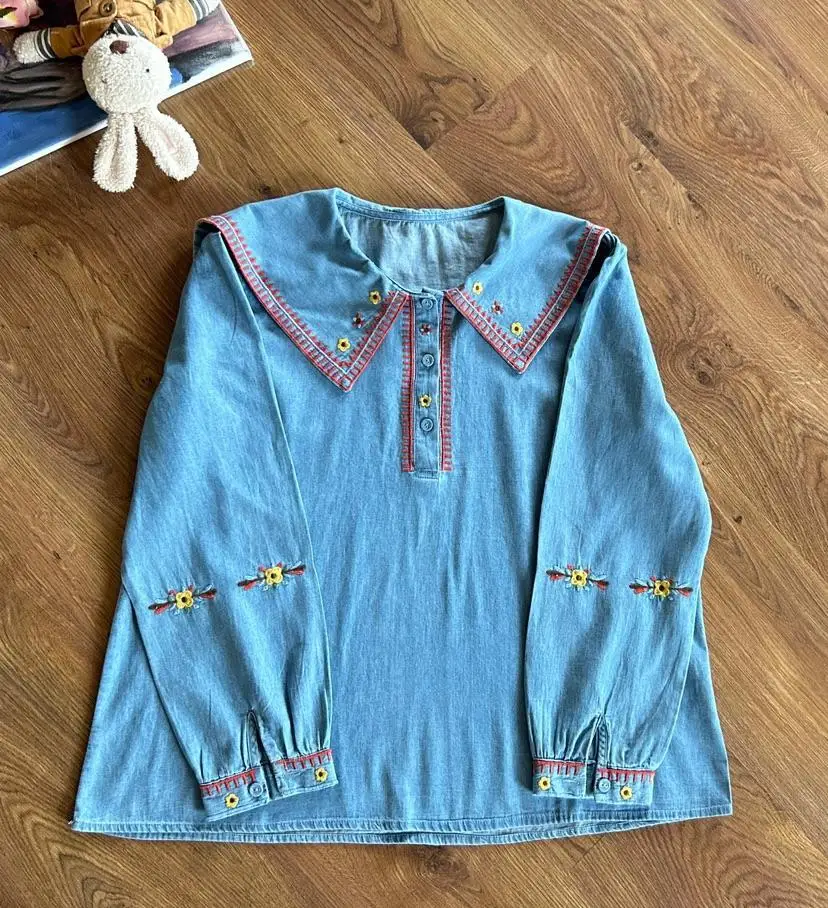 Одежда Mori Kei мягкие джинсовые рубашки и блузки в японском ретро стиле с длинным