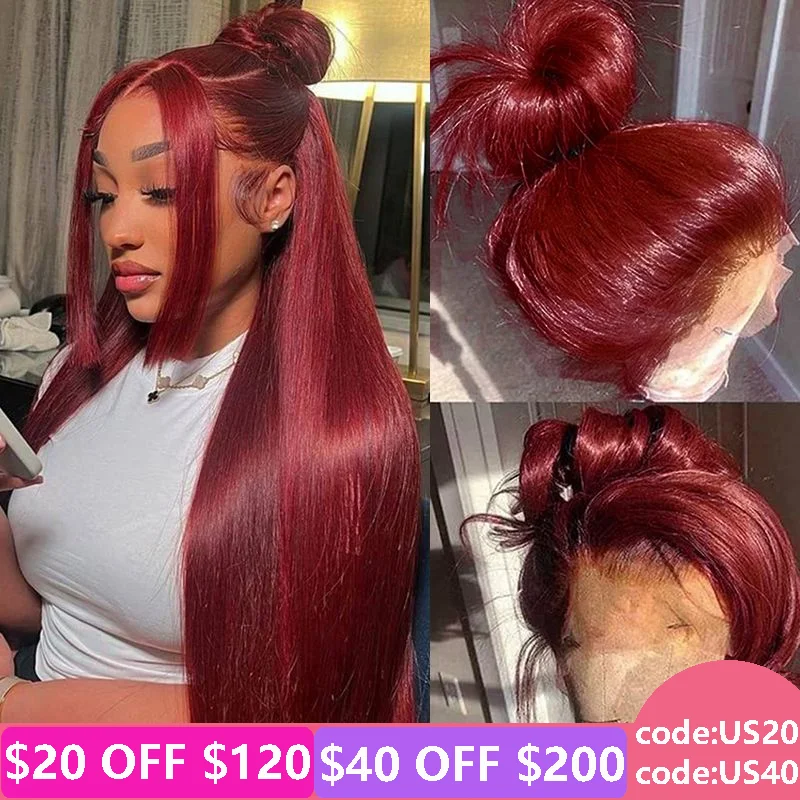 Burgundy 99J Straight hair front lace wig real hair wig 13x4 front lace wig wine red wig transparent lace wig female real hair