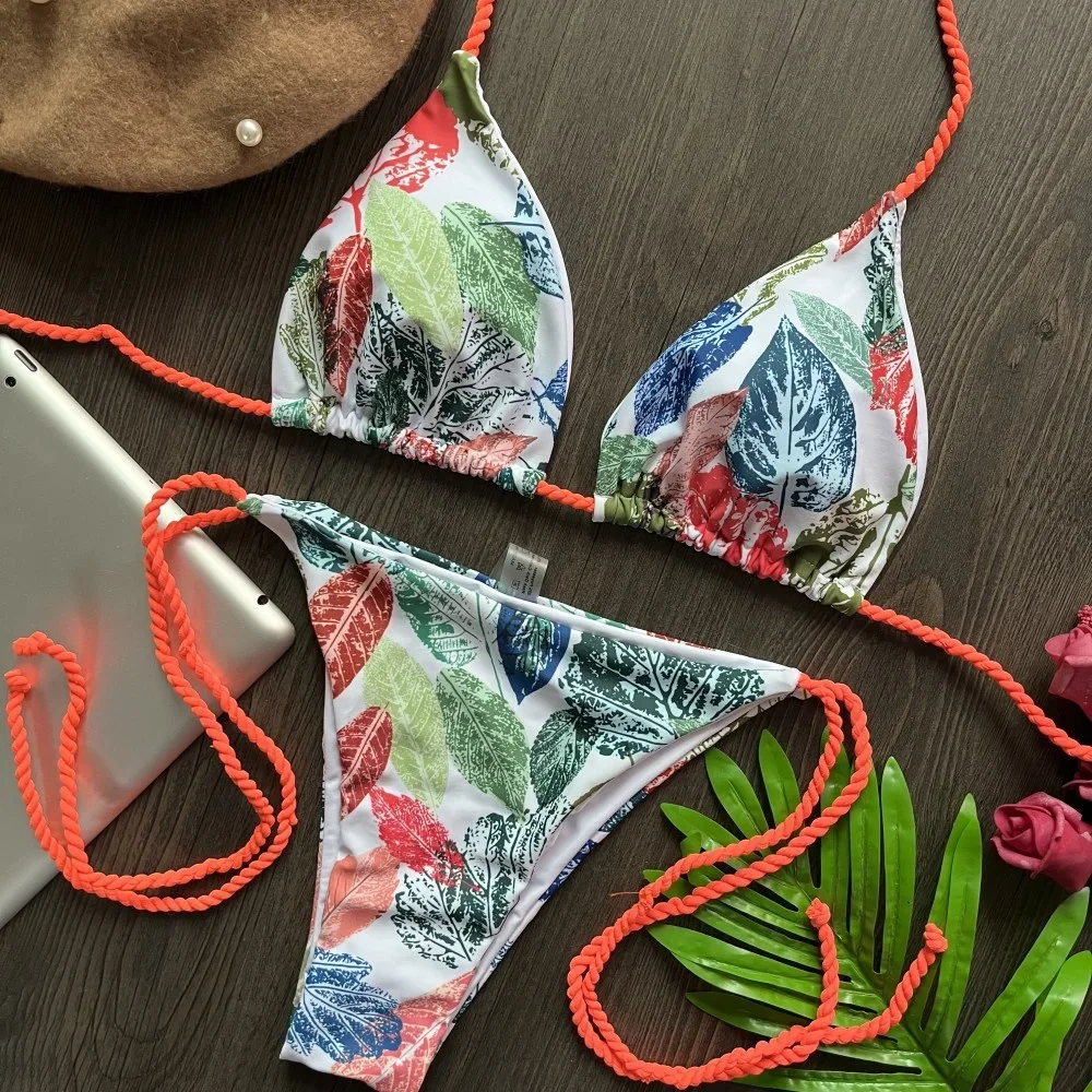 Винтажный принт бикини треугольные стринги купальник Холтер купальники женские