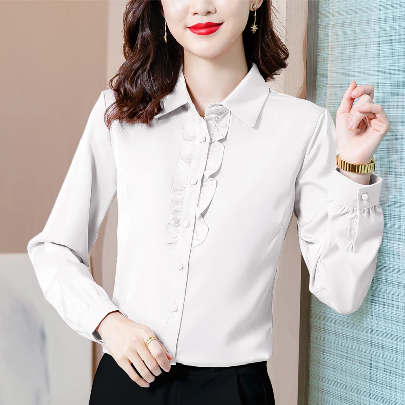 

Рубашка Женская атласная свободного покроя, модная блузка с оборками, однотонная повседневная кофта-поло с длинным рукавом, одежда в Корейс...