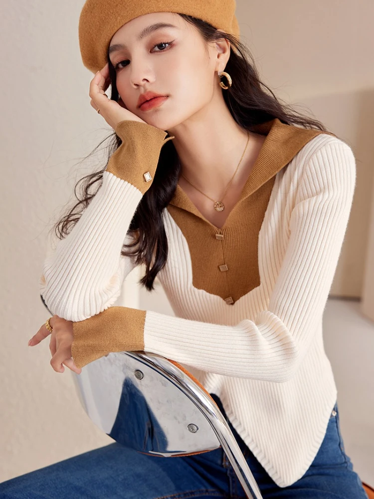 

ZCSMLL Color Blocking Chic Navy Collar Sweater Women's 2022 Autumn Korean Fashion Long Sleeve Knitted Female Pullover