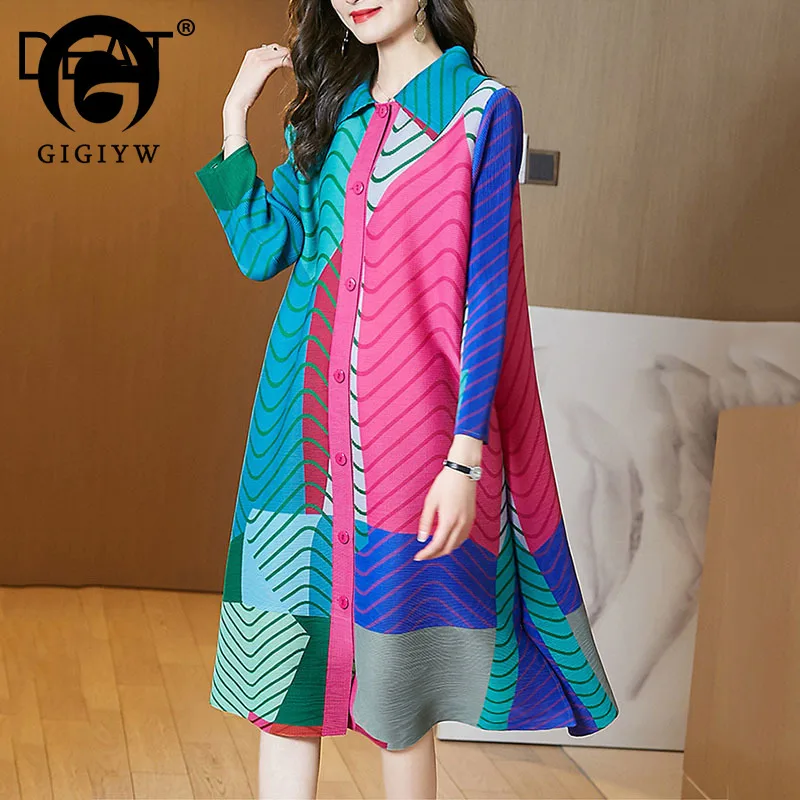 

Женское плиссированное платье GIGIYW с длинным рукавом, свободные однобортные платья контрастных цветов в полоску с отложным воротником, Нови...