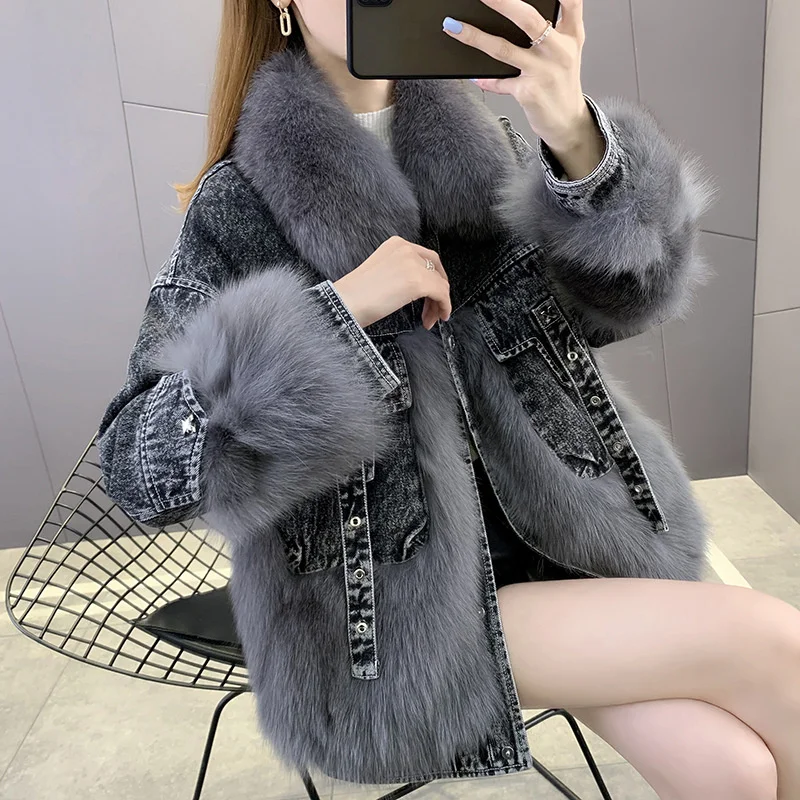Fashion Denim Stitching Short Faux Fur Coat Women's 2022 Autumn And Winter New All-match Motorcycle Parka Cotton Jacket Trend