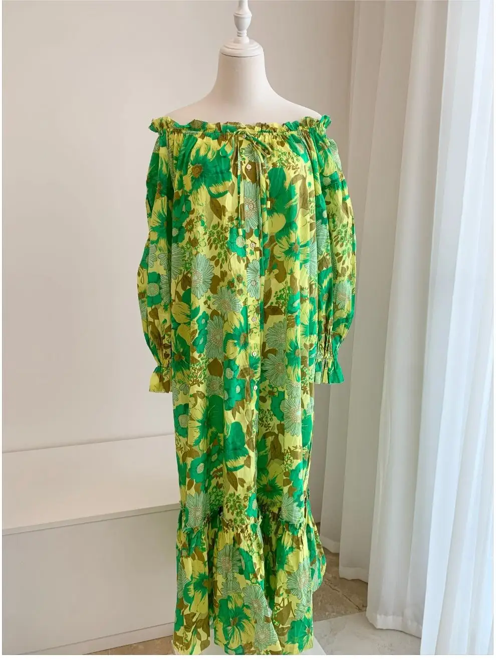

2023 New Slash Collar Off the Shoulder Green Flower Print Women Loose Cotton Dress