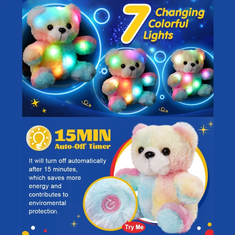 

30cm Rainbow Bear Doll Luminous Plush Toy Charm Children Room Decor Easter Gift