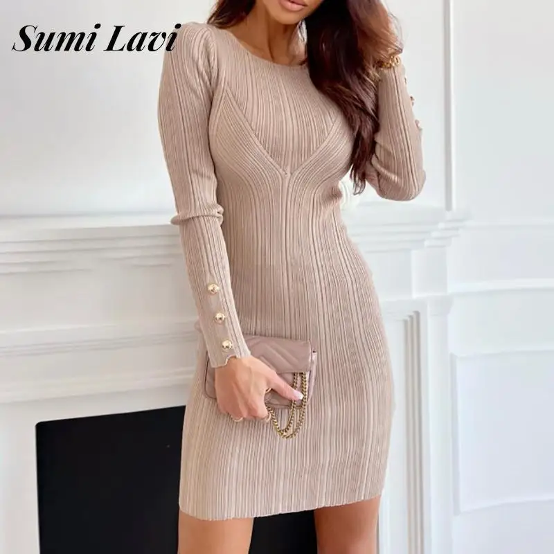

Elegant Ladies O Neck Long Sleeve Texture Dress Fashion Solid Color Button Slim Mini Dress Women Tight Wrap Hip Dresses Vestdios