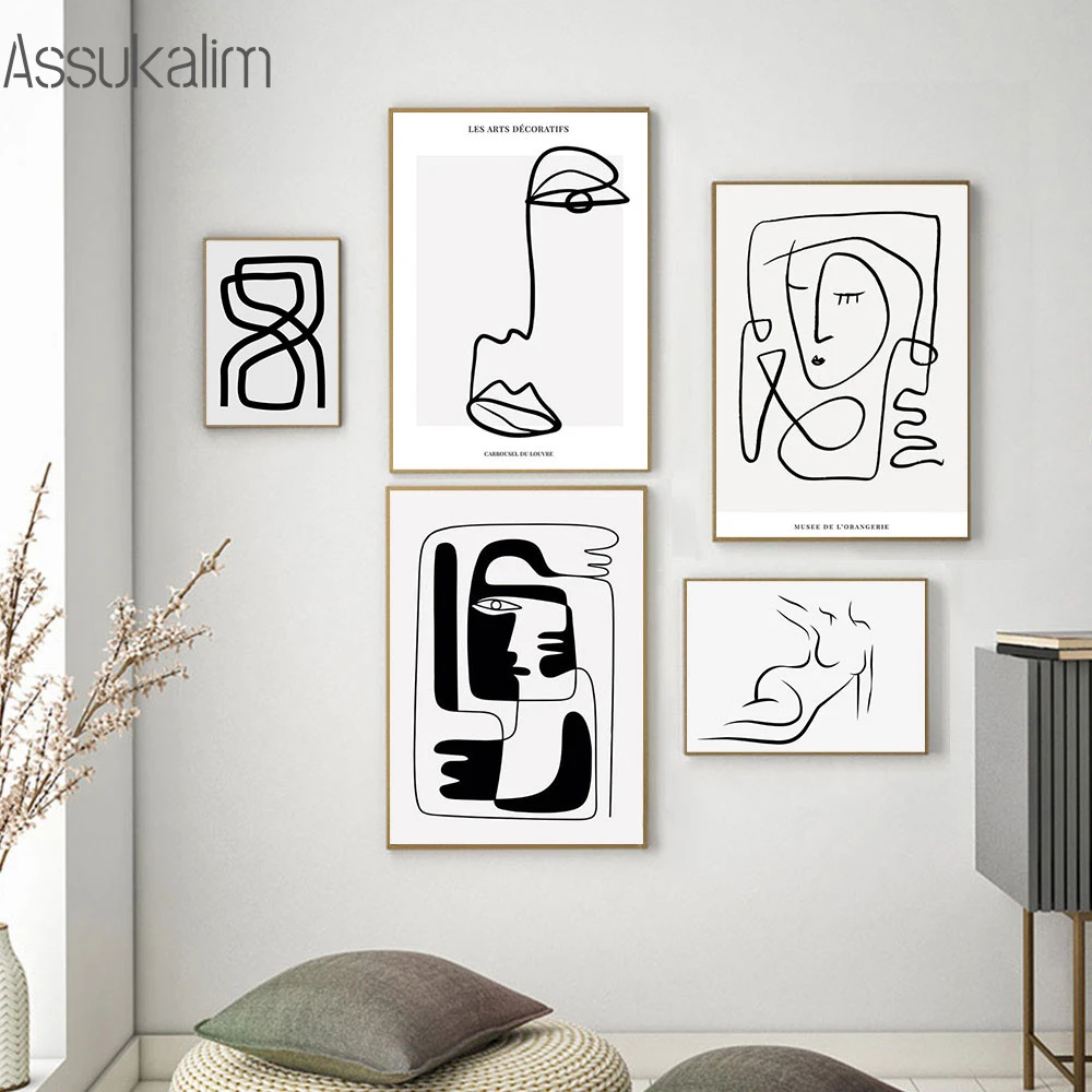 

Black And White Wall Art Poster Abstract Canvas Painting Minimalist Posters Line Face Art Print Modern Living Room Decoration