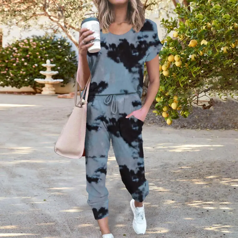 

2 Pcs/Set Summer Top Pants Set Irregular Tie-dye Rich Colors Short Sleeves Women T-shirt Pants Set Women Top Trousers Set Women