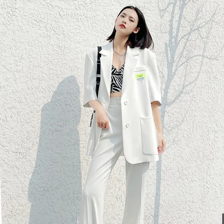 

Пиджак женский с коротким рукавом, Белый однобортный Тонкий Свободный Повседневный костюм, верхняя одежда в Корейском стиле, на лето