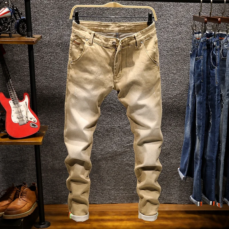 

Новинка 2023, джинсы, 7 цветов, мужские Стрейчевые узкие джинсы, модные повседневные облегающие джинсовые брюки, мужские джинсы цвета хаки, зеленые, серые, приблизительно 38-28