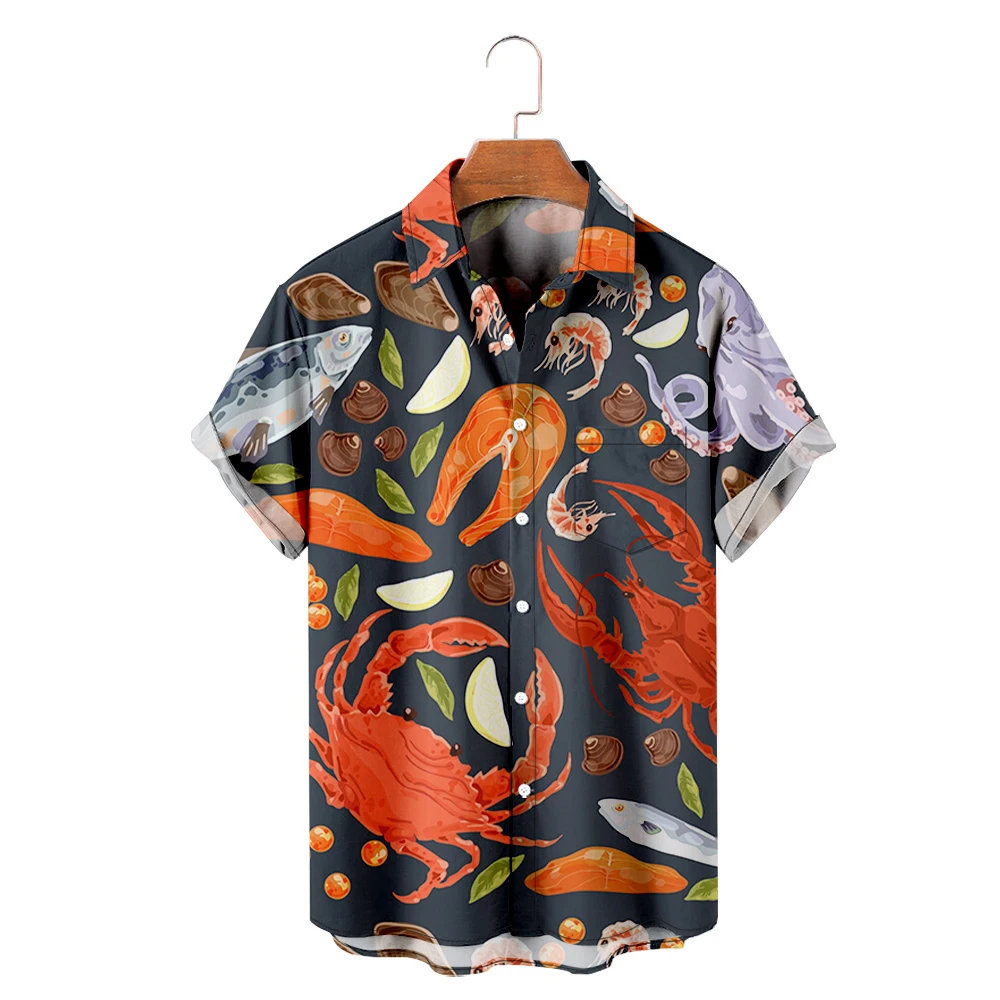 

Summer Seafood Printed Shirt De Hombre Shirts Casual Hawaiian Street Style Short-Sleeved Traveling Beach Tops
