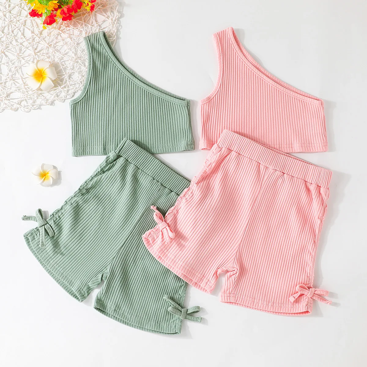 

LAPA Girls One Shoulder Summer Diagonal Collar Sleeveless Solid Shorts Set Moisture Wicking Shorts Outfits Fashion Casual