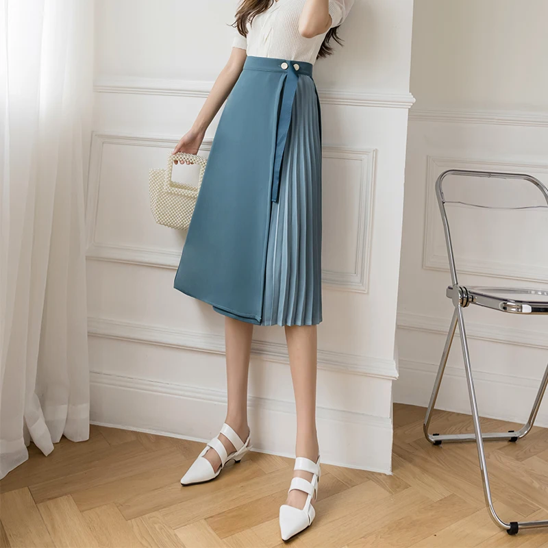 

Women Spring High Waist A-line Pleated Fashion Button Casual Midi Long Skirts New Elegant Blue Patchwork Female Mid-length Skirt