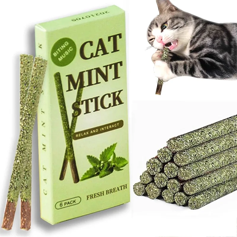 

6PCS/Box Cat Chews Toys All Natural Catnip Sticks Wood Tengo Molar Sticks Teeth Cleaning Cat Mint Sticks for Cats of All Ages