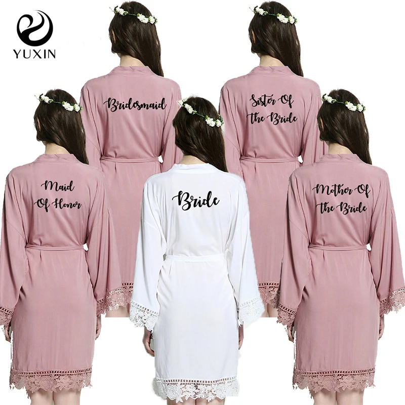 YUXINBRIDAL2019 New Mauve Bride Bridesmaid Bride Robes Cotton Kimono Robes with Lace Trim Women Wedding Bridal Robe Short