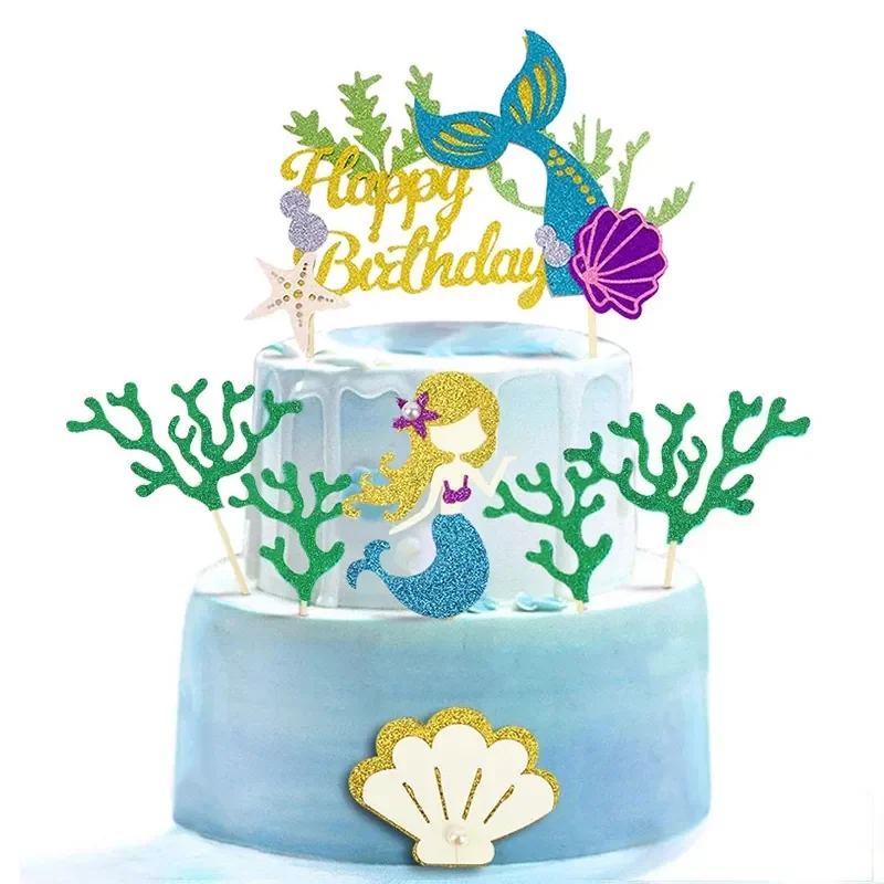 

1Set Mermaid Party Happy Birthday Cake Topper Cupcake Toppers Girl Baby Shower Little Mermaid Theme Birthday Party Decorations