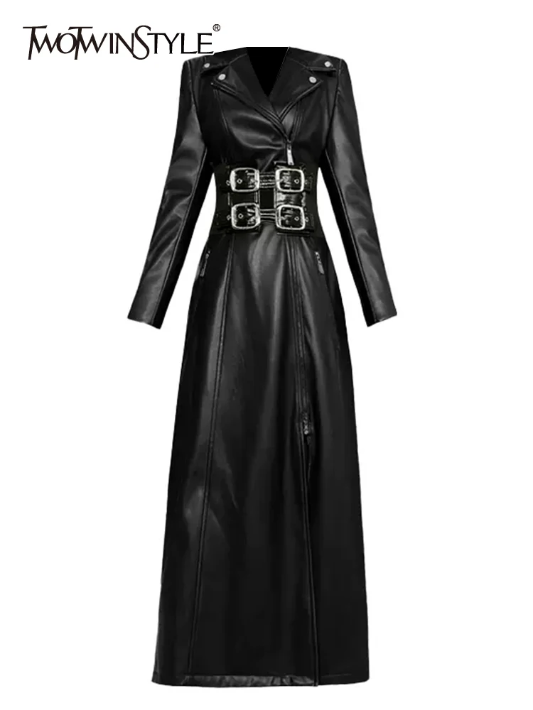 

TWOTWINSTYLE Elegant PU Leather Trench Coat For Women Notched Collar Long Sleeve Sashes Solid Windweark Female Autumn Clothing