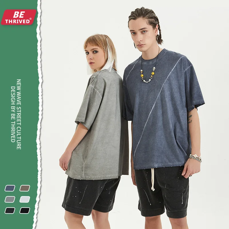 

BE THRIVED Summer 100% Cotton Solid Color Do The Old Twill Stitching And Pick Feet Craft Short-sleeved Retro Tide Brand T-shirt