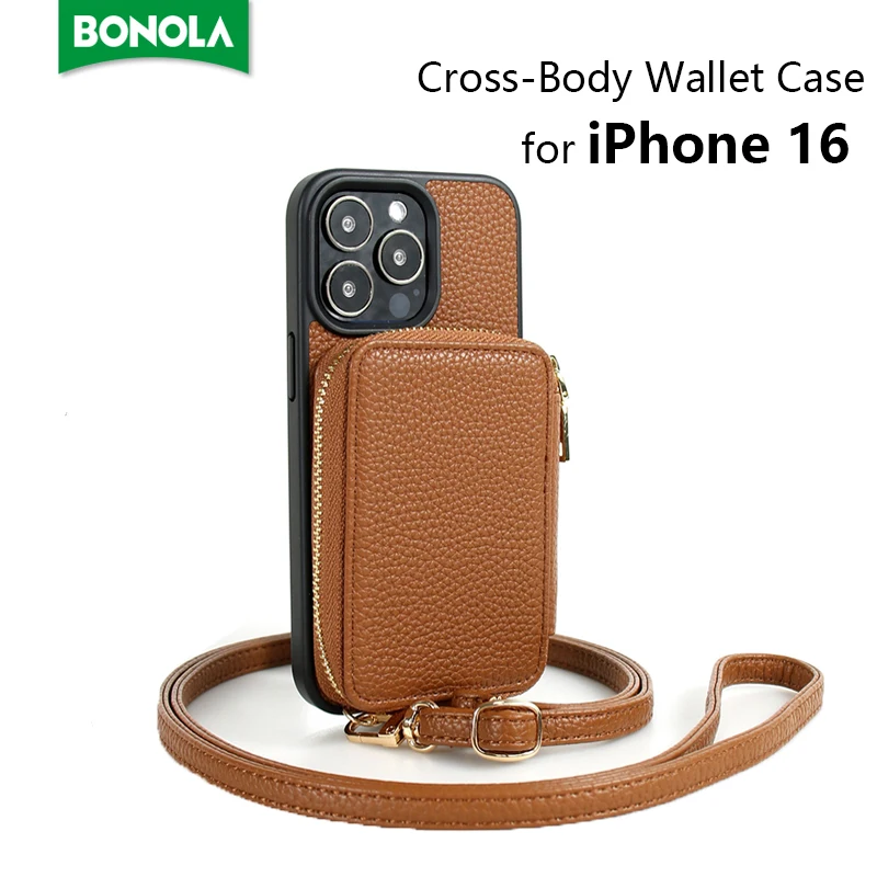 Чехол-кошелек Bonola через плечо с держателем для карт iPhone 16 Pro Max роскошная кожаная