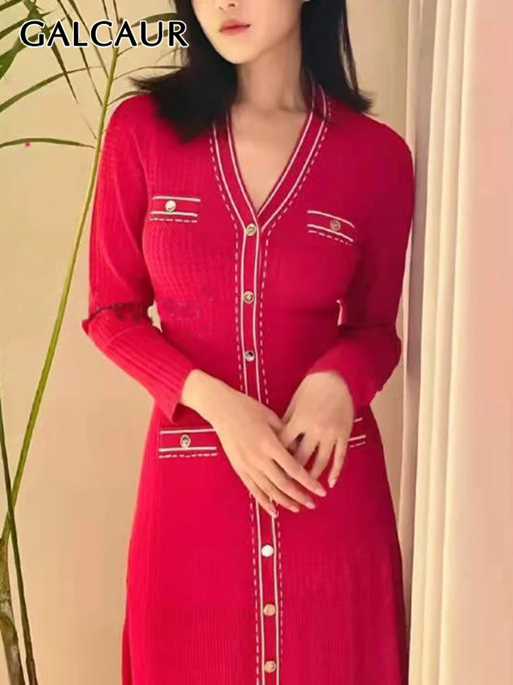 

GALCAUR Solid Vintage Dress For Women V Neck Long Sleeve Patchwork Buttons Slimming Dresses Female 2022 Spring Clothing Fashion