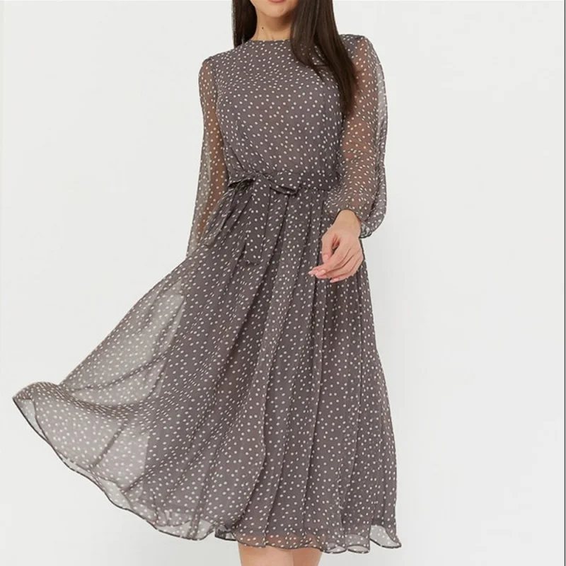 

European And American-Style2022Summer French Retro Dress Women's Polka Dot Long Sleeve See-through Chiffon Dress