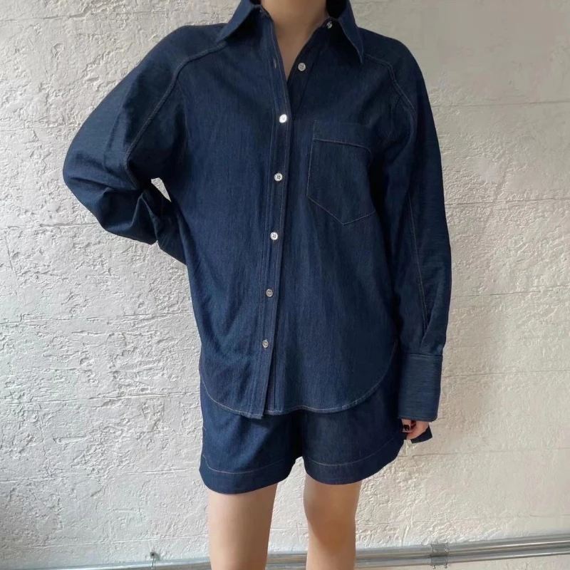 

2023 Spring and Summer New Light and Thin Indigo Blue Denim Shirt / Shorts of The Same Style for Women
