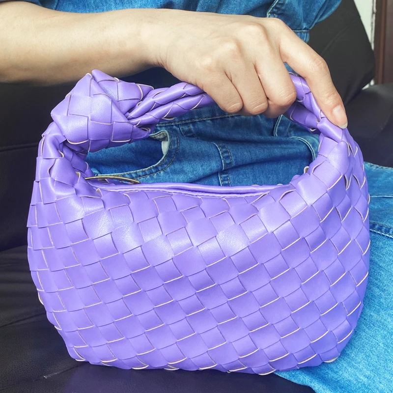 

Fashion Gold Zipper Woven Bag Luxury Women Purple Leather Tote Bag Lady Crossbody Hobo PU Gold Zipper Handbag
