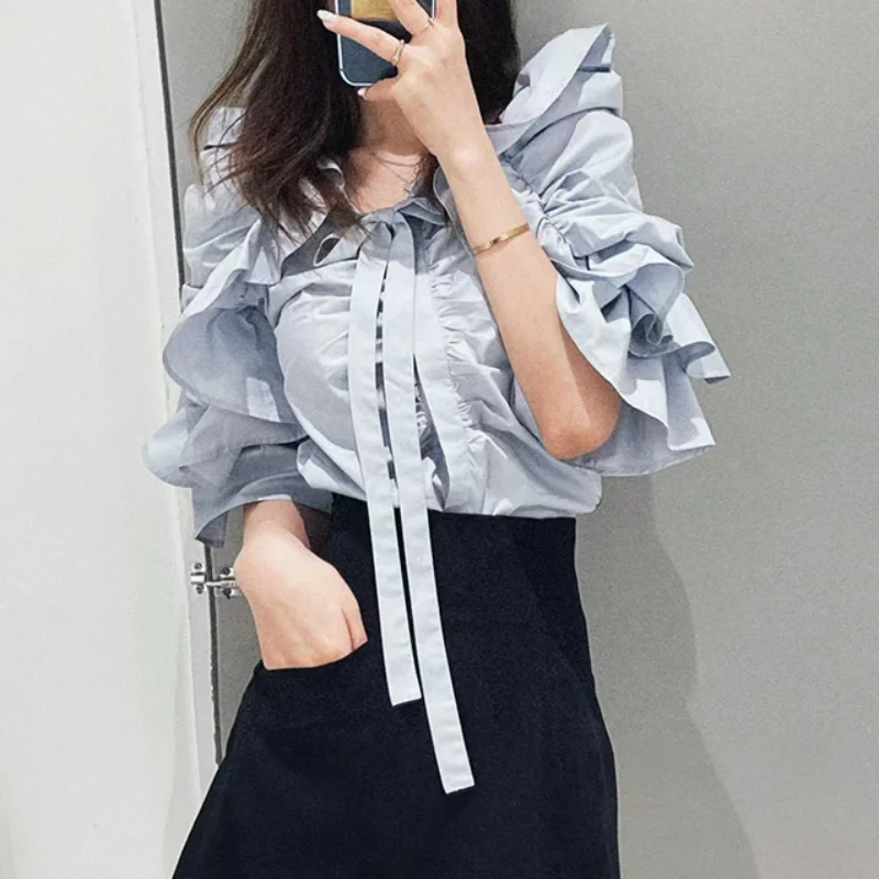 Kuzuwata 2024 Весенняя рубашка в японском стиле Блузы с оборками на шнуровке