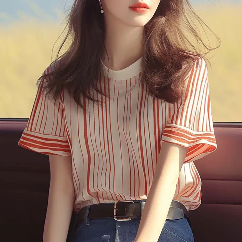Шифоновая полосатая женская рубашка летняя новая винтажная одежда распродажа